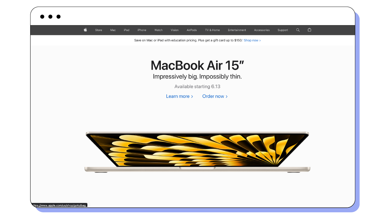 Apple's home page with an easy menu and navigation