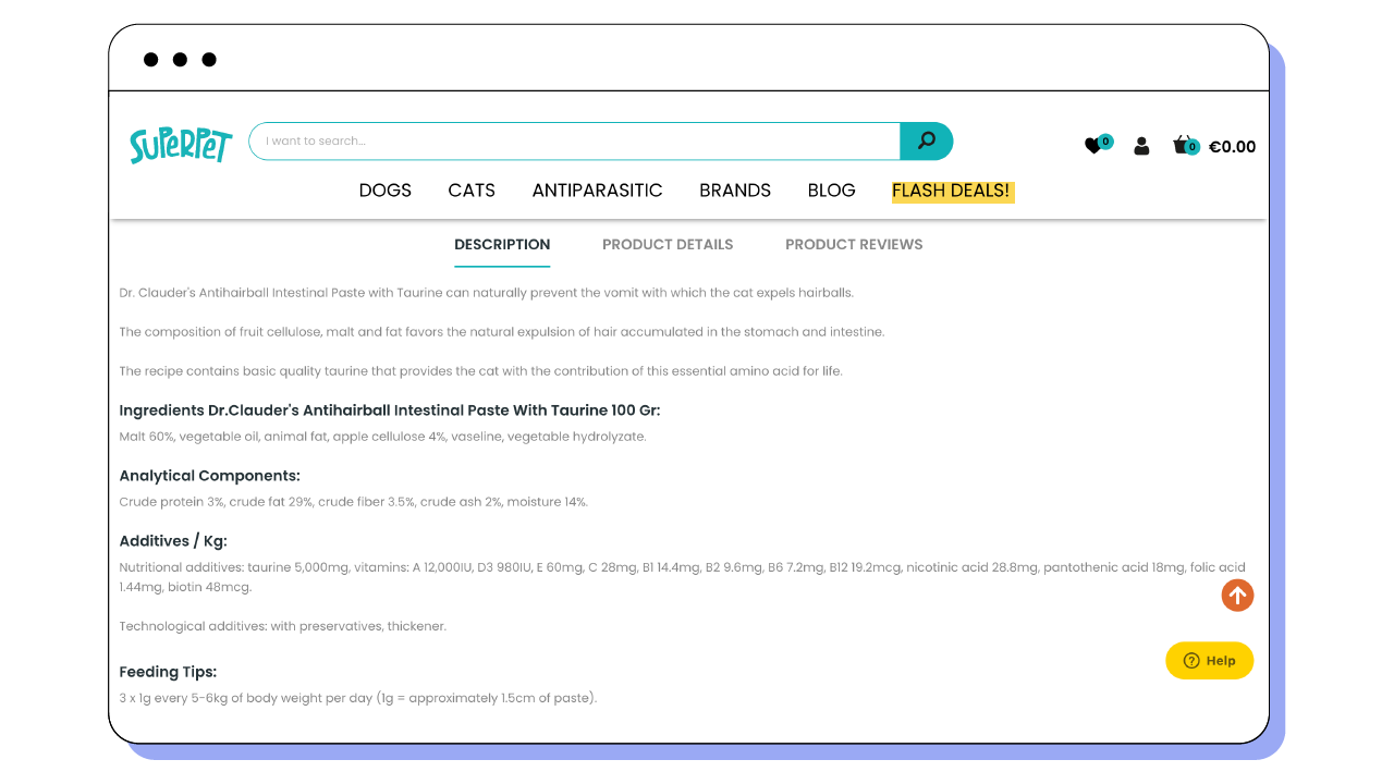 Product description on the product page