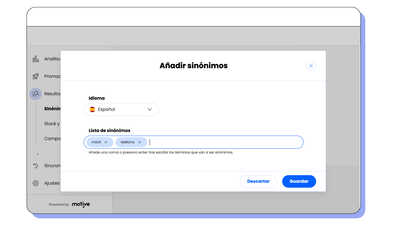 Imagen del cuadro de configuración de Sinónimos en el Playboard de Motive