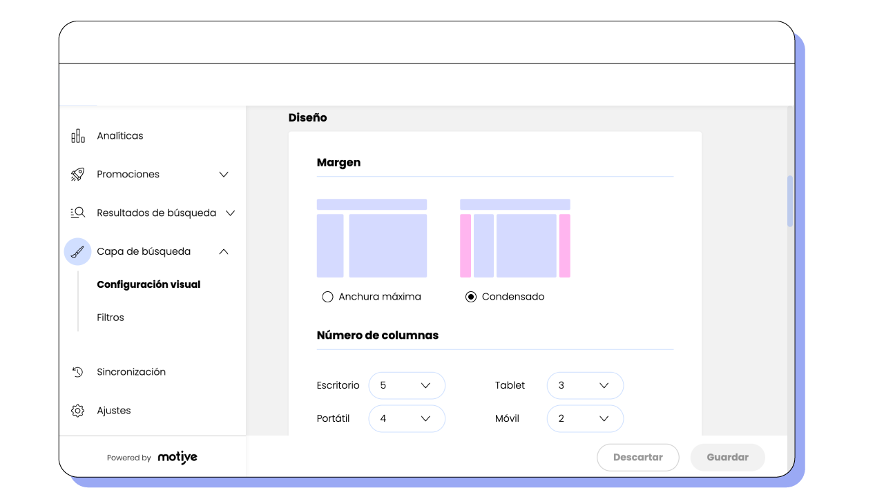 Captura de la página de configuración visual en el Playboard de Motive
