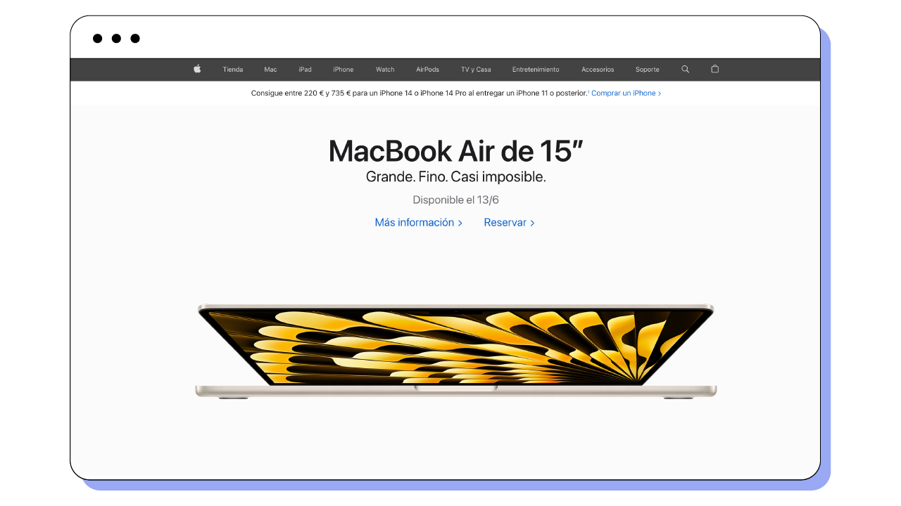 Home page de Apple con un menú claro y una navegación sencilla