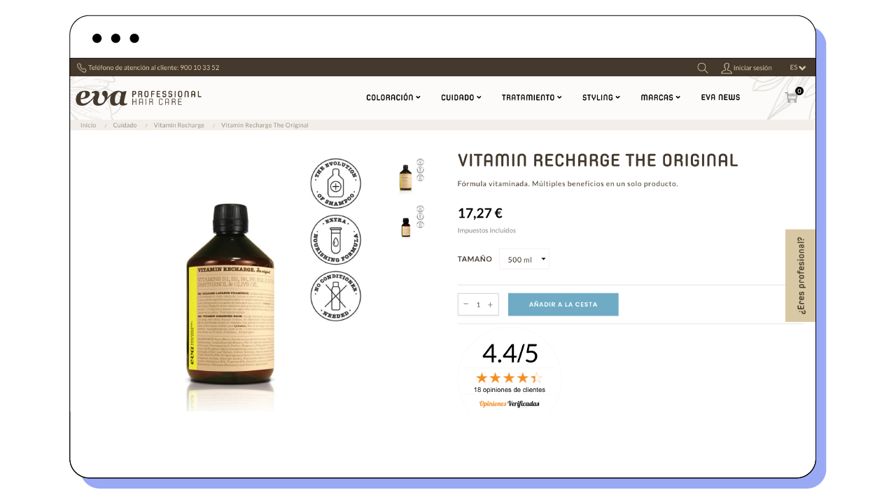 Puntuación total y reseñas en una página de producto