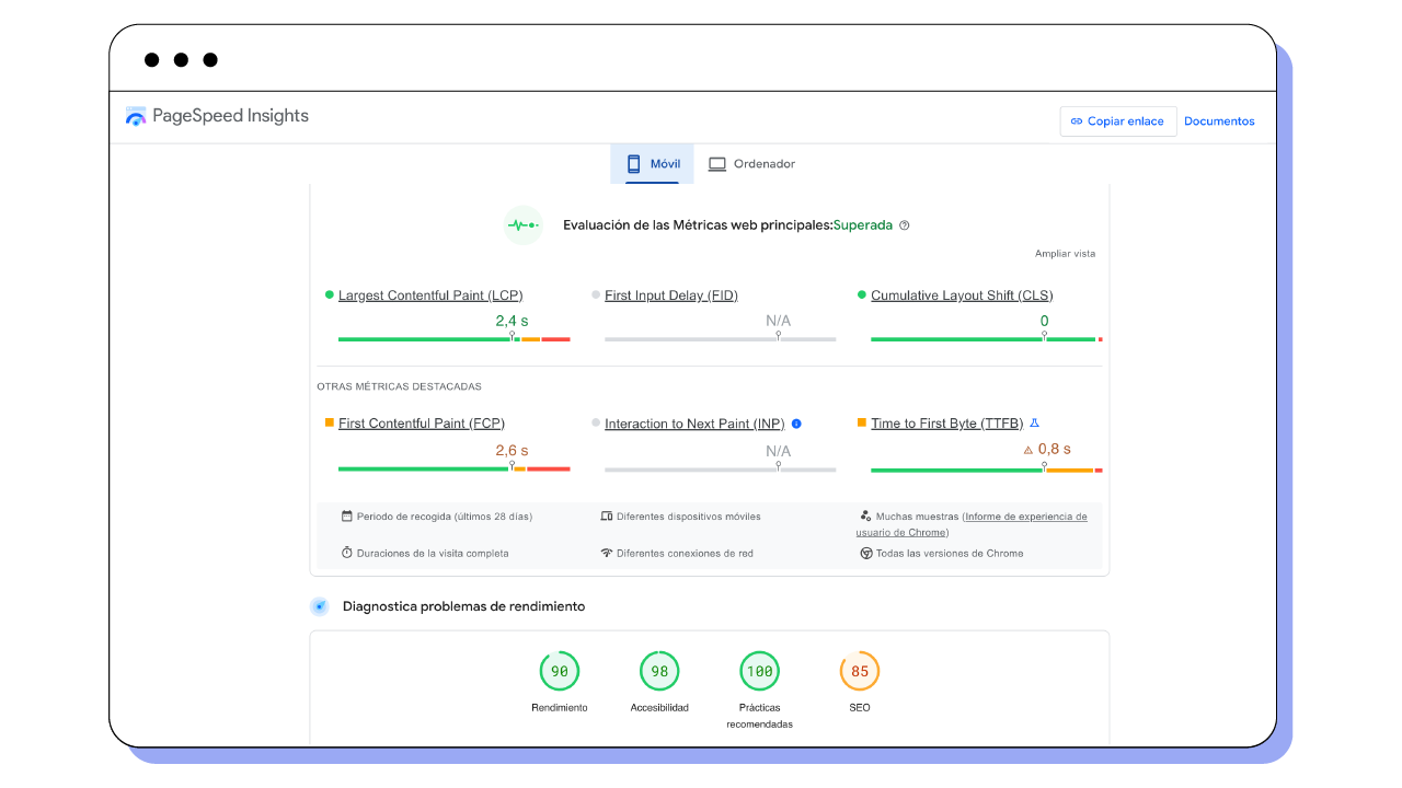 Valoración de diferentes parámetros de optimización en PageSpeed